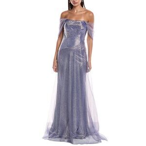 Rene Ruiz Womens Off-Shoulder Metallic Gown, Purple
